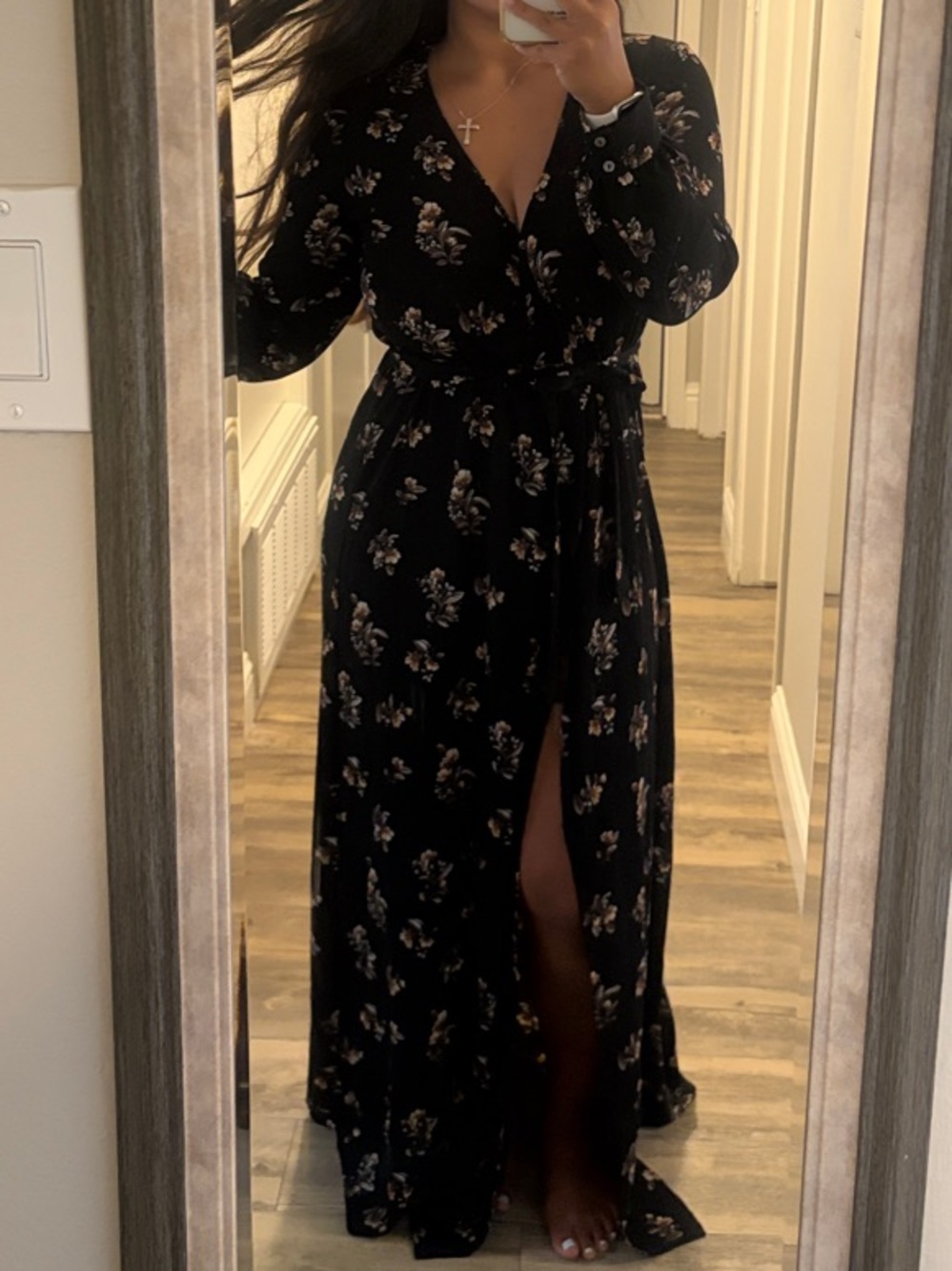 Floral Black Wrap Maxi Dress with Side Slit - Women's Elegant V-Neck